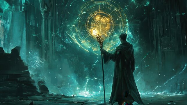 A sorcerer stands before a shimmering, ancient portal in a ruined temple.