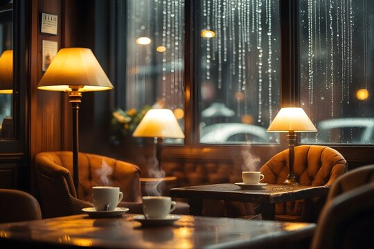 Cozy and Inviting Coffee Shop Interior with Warm Ambient Lighting, Rustic Wooden Furniture, and Relaxed Atmosphere, Ideal for Lifestyle and Hospitality Concepts