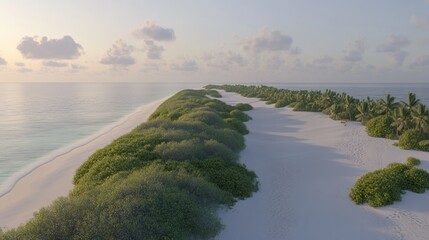 Sunrise over tropical island beach, lush vegetation, aerial view