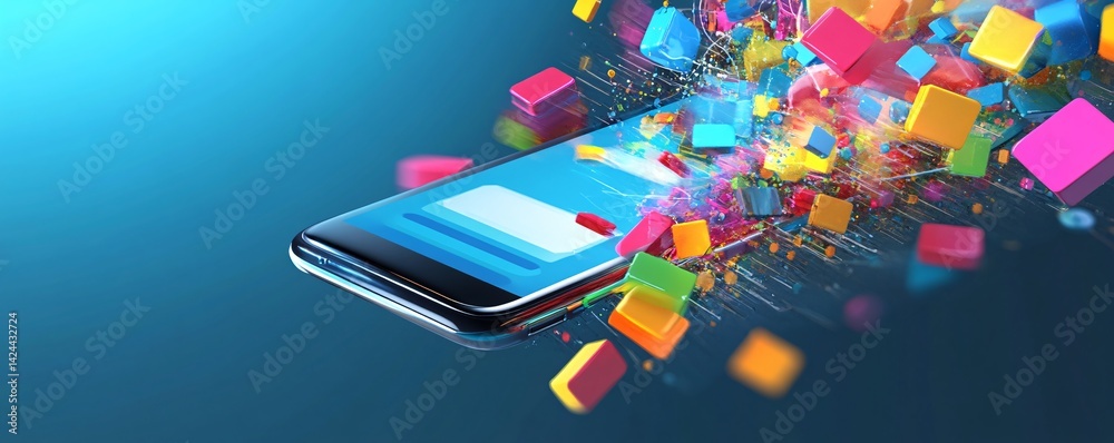 Poster Smartphone exploding with colorful cubes of information