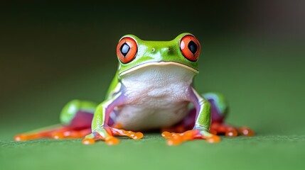 Naklejka premium Close-up of a vibrant, tropical tree frog. Focus on expressive eyes and bright colors. Perfect for nature lovers