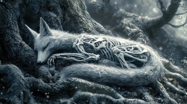 A serene fox skeleton nestled amongst wintry tree roots.