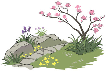 29 Spring landscape, rocky terrain, colorful wildflowers, pink blossoms, purple flowers, yellow blooms, green grass, grey stones, natural scenery, botanical illustration, isolated elements, white back