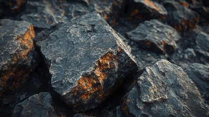 Fototapeta premium Sunlight reflecting off rough surface of dark rocks