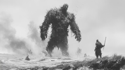 Giant creature clashing with warrior on wintry shore
