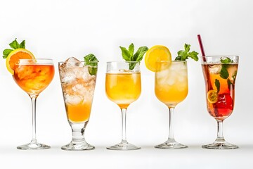 Fototapeta premium Five Colorful Cocktails in Unique Glasses on White Background