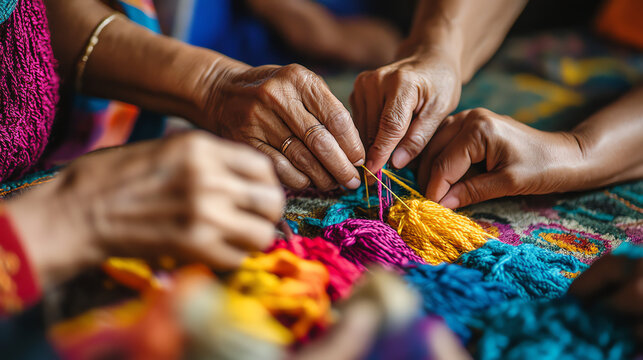 Women Weaving Colorful Threads Traditional Craft