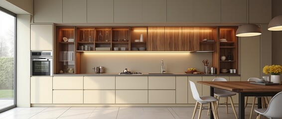Modern minimalist kitchen , close up shot, beige cabinets floor to ceiling, combined with walnut wood open cabinets with led lights, floating ceiling. Natural light.