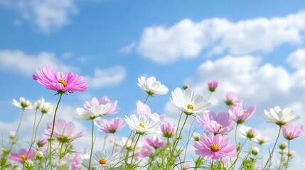 Obraz premium Pink and white cosmos flowers blooming in a field under a bright blue sky with fluffy white clouds, and vibrant springtime nature scene.