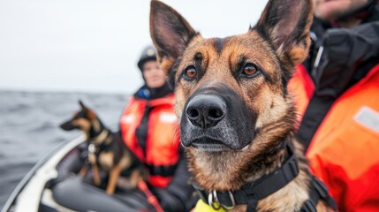 Trained German Shepherd Search and Rescue Dog on a Boat