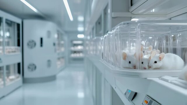 Laboratory mice in transparent containers in a sterile environment  
