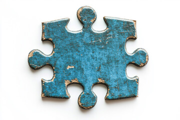 Fototapeta premium A weathered teal puzzle piece, a solitary fragment hinting at a larger, untold story, against a stark white background.