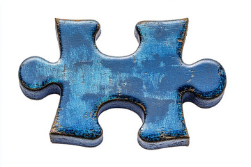 Fototapeta premium A solitary, deep blue wooden puzzle piece, representing the search for connection and completion, with a rustic, distressed finish.