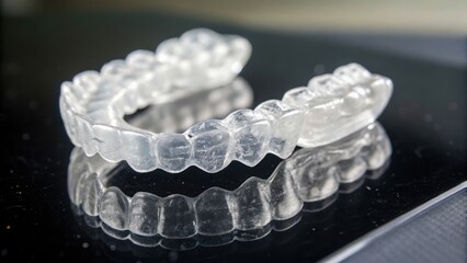 3D Printing Dental Transparent dental aligner resting on a reflective surface, showcasing its intricate design.