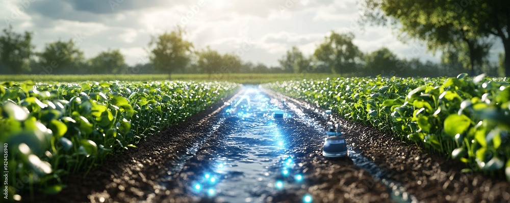 Poster autonomous irrigation system watering crops in farm field