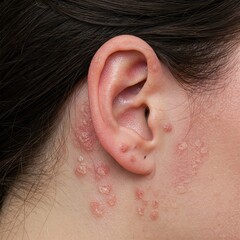 Close-up view of the back of a neck and hairline skin inflammation with scaly flakes, scalp psoriasis, seborrheic dermatitis, or severe eczema for dermatology, chronic skin diseases, and healthcare