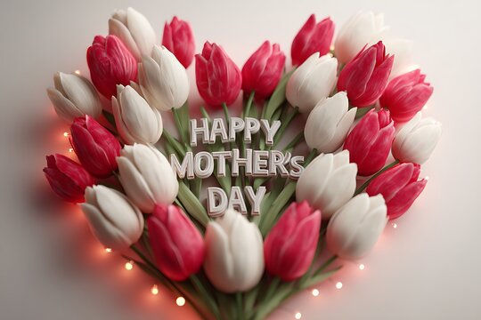A heart-shaped arrangement of red and white tulips with a "Happy Mother's Day" inscription in the center, surrounded by soft glowing light, captured in