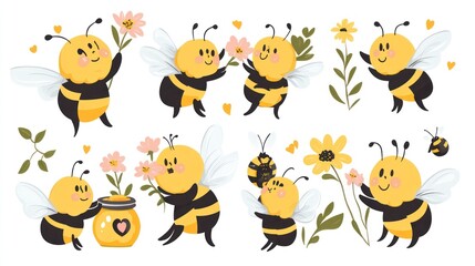 Cute bees collecting pollen near flowers