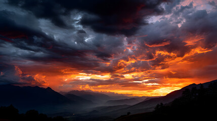 Obraz premium An intense orange sunset fills the sky as the mountains cast long, dramatic shadows over the valley below.