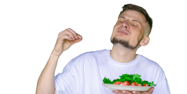 Bearded man in a white t-shirt joyfully pretending to eat a fresh vegetable salad with tomatoes and lettuce,  on a transparent background
 - Powered by Adobe