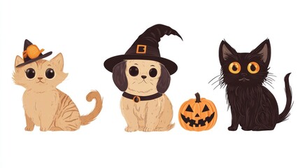 Fototapeta premium Cute Halloween pets cat, dog, pumpkin