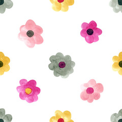Seamless floral pattern with hand drawn simple flower shapes. Polka dot style