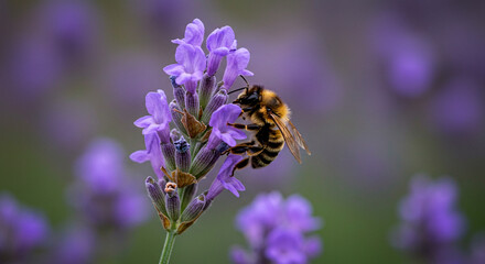 A bee collects pollen from a lavender flower in full bloom, creating a harmonious blend of nature's beauty.