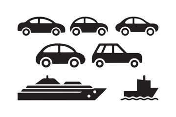 Silhouette Vehicle Icon Set Car, SUV, Cruise Ship & Boat Symbols