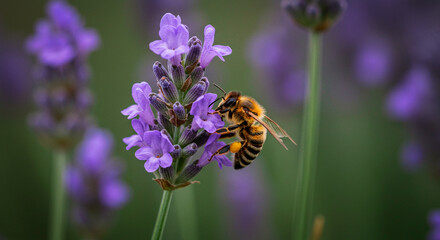 Bee on lavender blossom gathers pollen. Floral beauty and pollination in nature close-up in the garden.