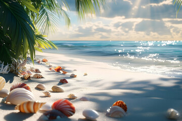 Obraz premium Tropical beach scene with seashells and palm trees.