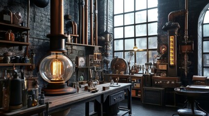 Vintage industrial distillery room with copper stills and machinery