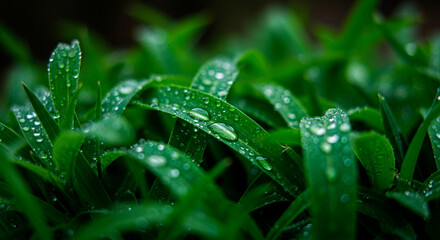 Close-up of lush green grass covered in sparkling water droplets, reflecting light after a refreshing rainfall.