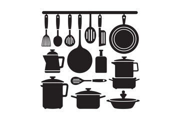 Silhouette Kitchen Utensils and Cookware Icons Vector Set