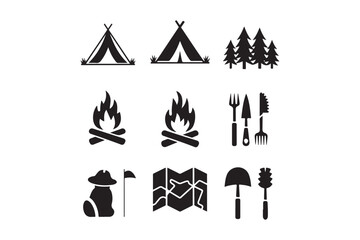 Camping and Outdoor Adventure Silhouette Icons Vector Set