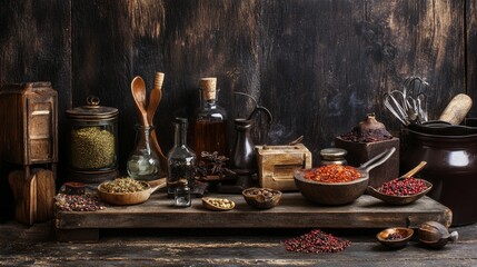 Old-fashioned spice and herb jars on vintage wooden shelf