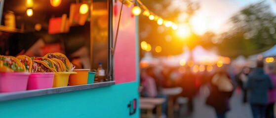 Colorful food truck parked on a street at an outdoor event.