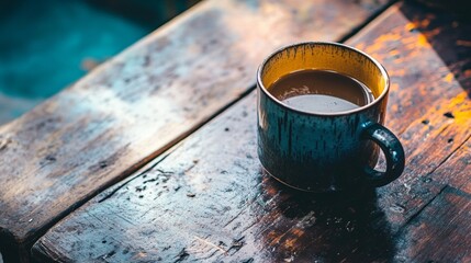 Hot drink in handmade ceramic mug on weathered wooden table