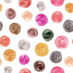 Seamless pattern with colored dots, hand drawn circles in rough strokes. Minimalistic background in children's style.