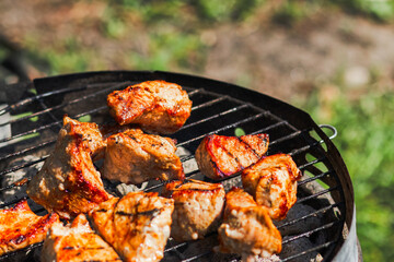 Grilled meat pieces sizzling on a barbecue grate over hot coals, with smoke rising, set against a vibrant green natural outdoor background.

