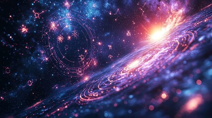 Obraz premium Cosmic Galaxy with Zodiac Signs and Glowing Nebula Illustration