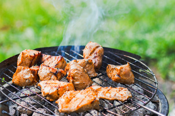Grilled meat pieces sizzling on a barbecue grate over hot coals, with smoke rising, set against a vibrant green natural outdoor background.

