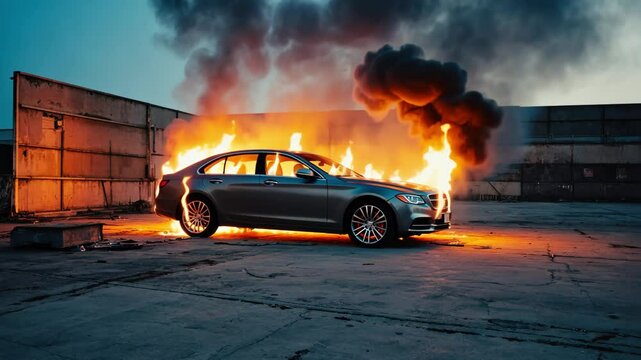 A luxury sedan engulfed in flames and thick smoke in an abandoned industrial area during dusk.
