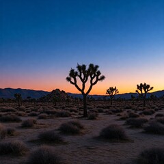 Obraz premium Joshua Tree desert scene at dusk, deep blue sky fading into warm horizon, with distinctive tree silhouettes.