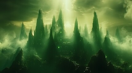 Eerie green peaks shrouded in mist