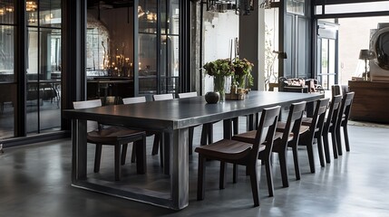 High end industrial dining room with large metal framed table