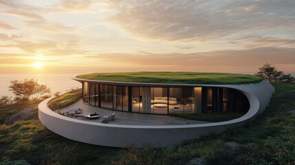 A stunningly realistic image of a nature-integrated, high-end villa seamlessly embedded into the coastal landscape. Generative AI