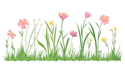Spring flowers meadow, vibrant blooms, green grass, nature background, ideal for cards
