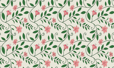 Seamless floral pattern with pink flowers and green leaves on a cream background, elegant botanical design for fabric, wallpaper, wrapping paper, and textile prints