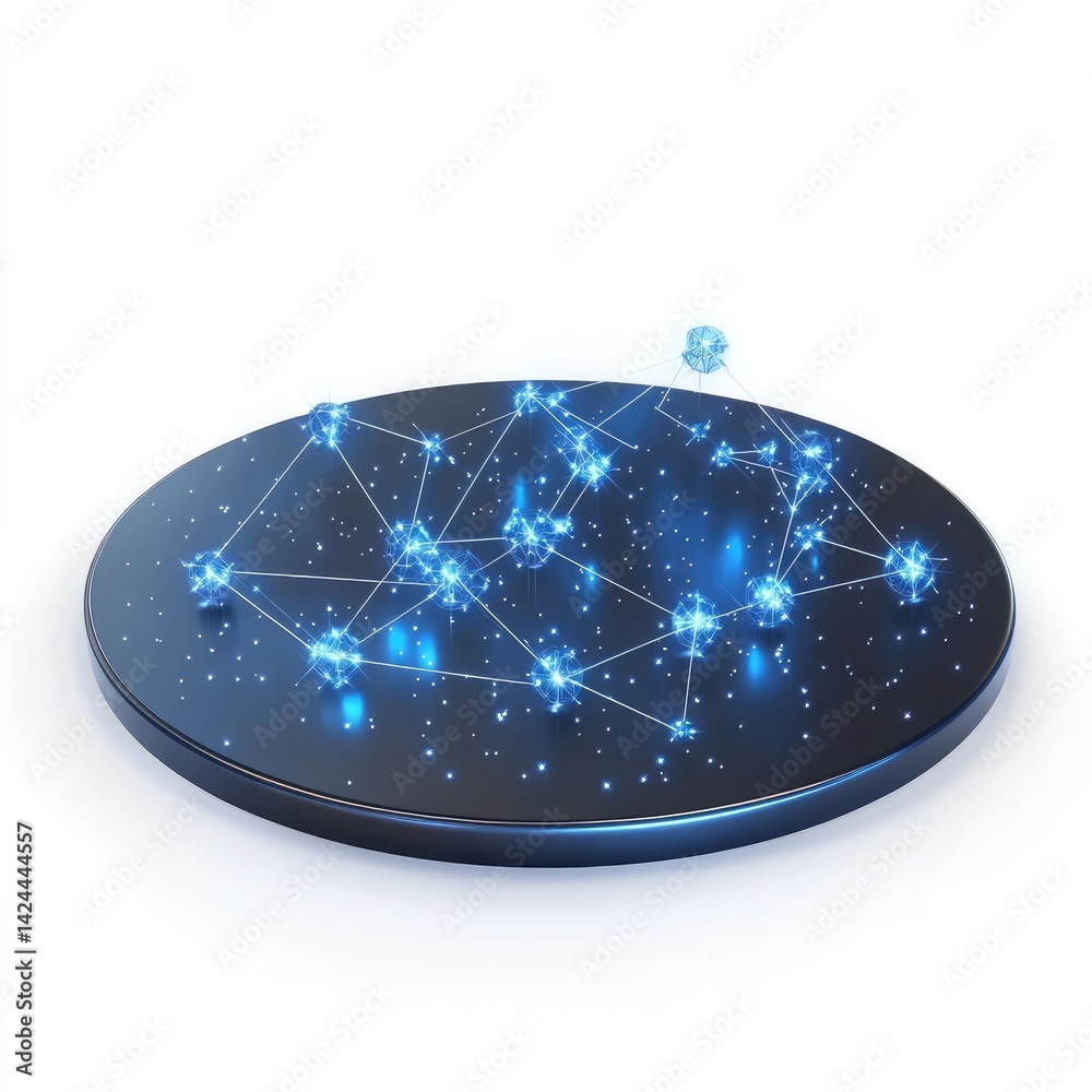 Poster networked data points connected by lines on a circular platform.