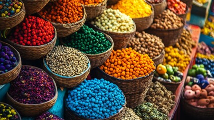 Colorful spices and grains in traditional market display